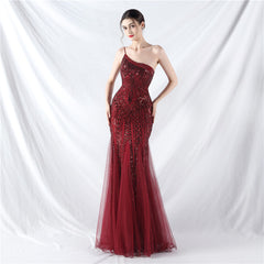 Elegant One Shoulder Beaded Floral Sequin Mesh Evening Dress