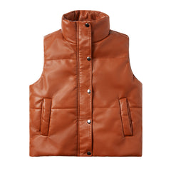 Women Leather Sleeveless Quilted Cotton Padded Jacket