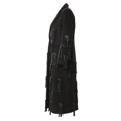 Faux Leather Tassel Mid Windbreaker Woolen Coat