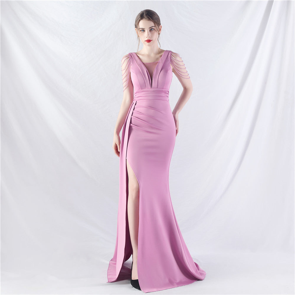 Elegant Satin Folding Beaded Evening Dress