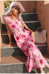 Floral Print V Neck Bohemian Smocked Vacation Dress