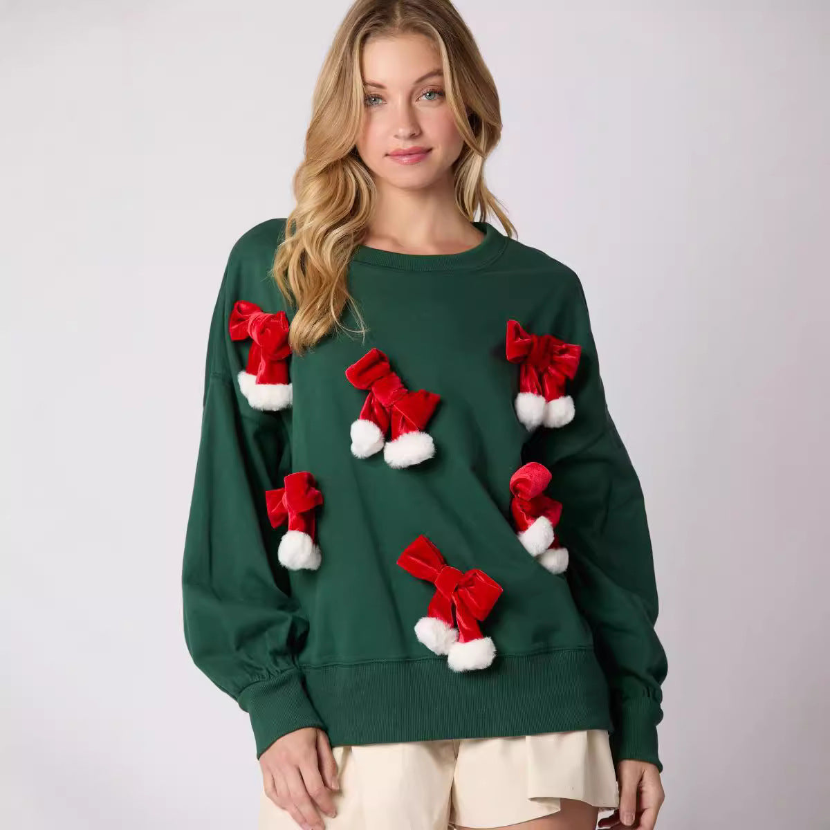 3D Decoration Christmas Bow Casual Long Sleeve Sweatshirt