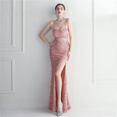 Elegant Velvet Bottom Sequin Halter Evening Dress