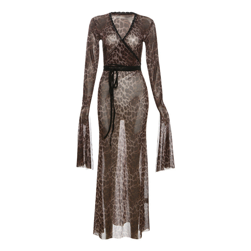 Women Leopard Print Mesh Lace Sexy Long Sleeves Party Dress