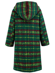 Horn Button Loose Retro Check Hooded Warm Plaid Long Coat