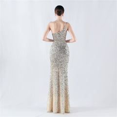 Elegant Velvet Bottom Gradient Sequin One Shoulder Evening Dress