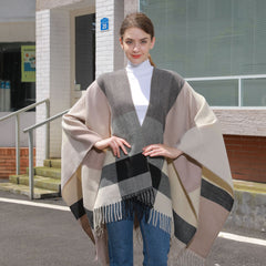 Women Classic Jacquard Tassel Slit Knitted Cape Plaid Shawl