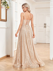 Sexy Backless Deep V Plunge Neck Sequined Evening Dress