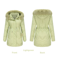 Women Detachable Hat Wool Warm Parka Mid Length Coat