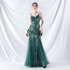 Elegant Sequin V-Neck Mesh Camisole Evening Dress