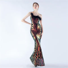 Elegant Floral Sequin Feather One Shoulder Evening Dress