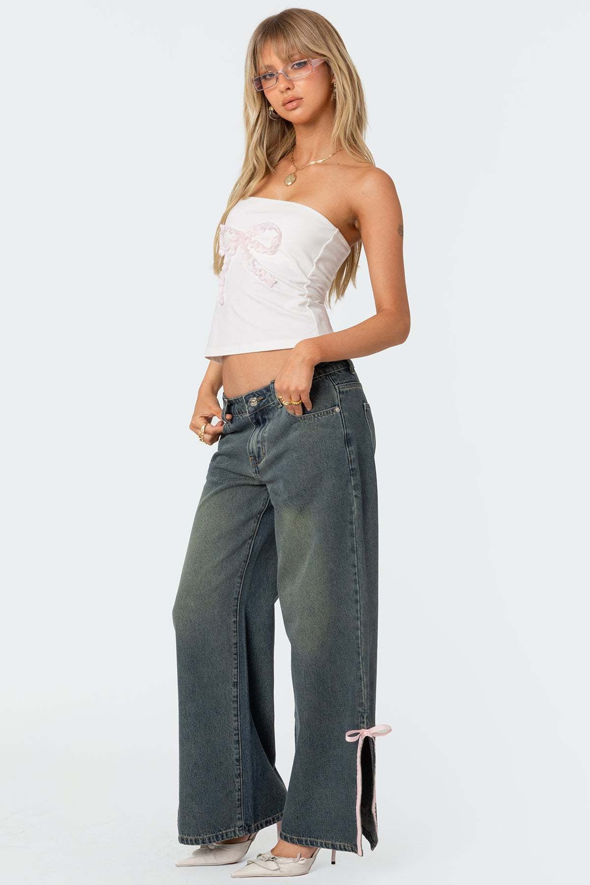 Loose Mid Waist Bow Side Slit Jeans