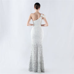 One Shoulder Gradient Velvet Bottom Sequin Feather Evening Dress