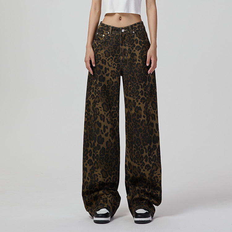 Retro Wide Leg Leopard Print Loose Wide Leg Jeans