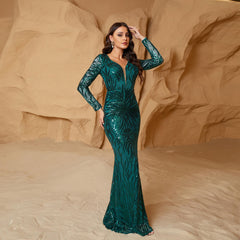 Long Sleeves Elegant Sequined Evening Dress