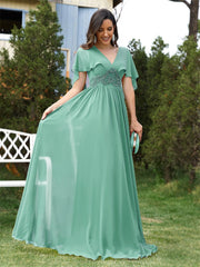 Elegant Chiffon Flared Sleeves Green Evening Dress