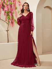 Elegant Long Sleeve Chiffon Lace Slit Formal Dress