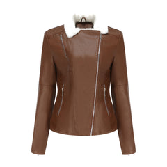 Women Fleece lined Long Sleeve Warm Fur Leather Jacket