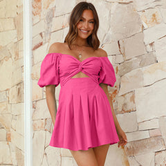 Sexy Off Shoulder Lantern Sleeve Pleated Short A Line Dress