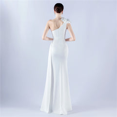 Elegant Leaf One Shoulder Craft Beaded Rhinestone Evening Dress