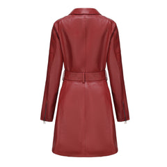 Long Sleeve Mid Length Leather British Coat with Belt