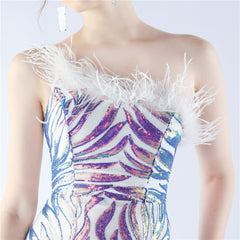 Elegant Floral Sequin Feather One Shoulder Evening Dress