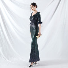 Elegant Feather Gradient Sequin Long Sleeve Evening Dress