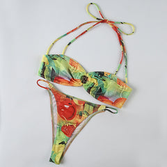 Sexy Colorful Printed Fruit Embellished Briefs Bikini Set