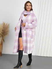 Women Plaid Woolen Elegant Double-Breasted Scarf Coat