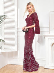 Long Sleeve Deep V Plunge Sequin Fishtail Evening Dress