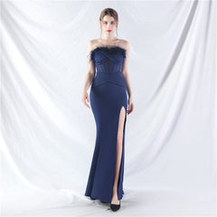 Elegant Feather Boning Corset Satin Evening Dress