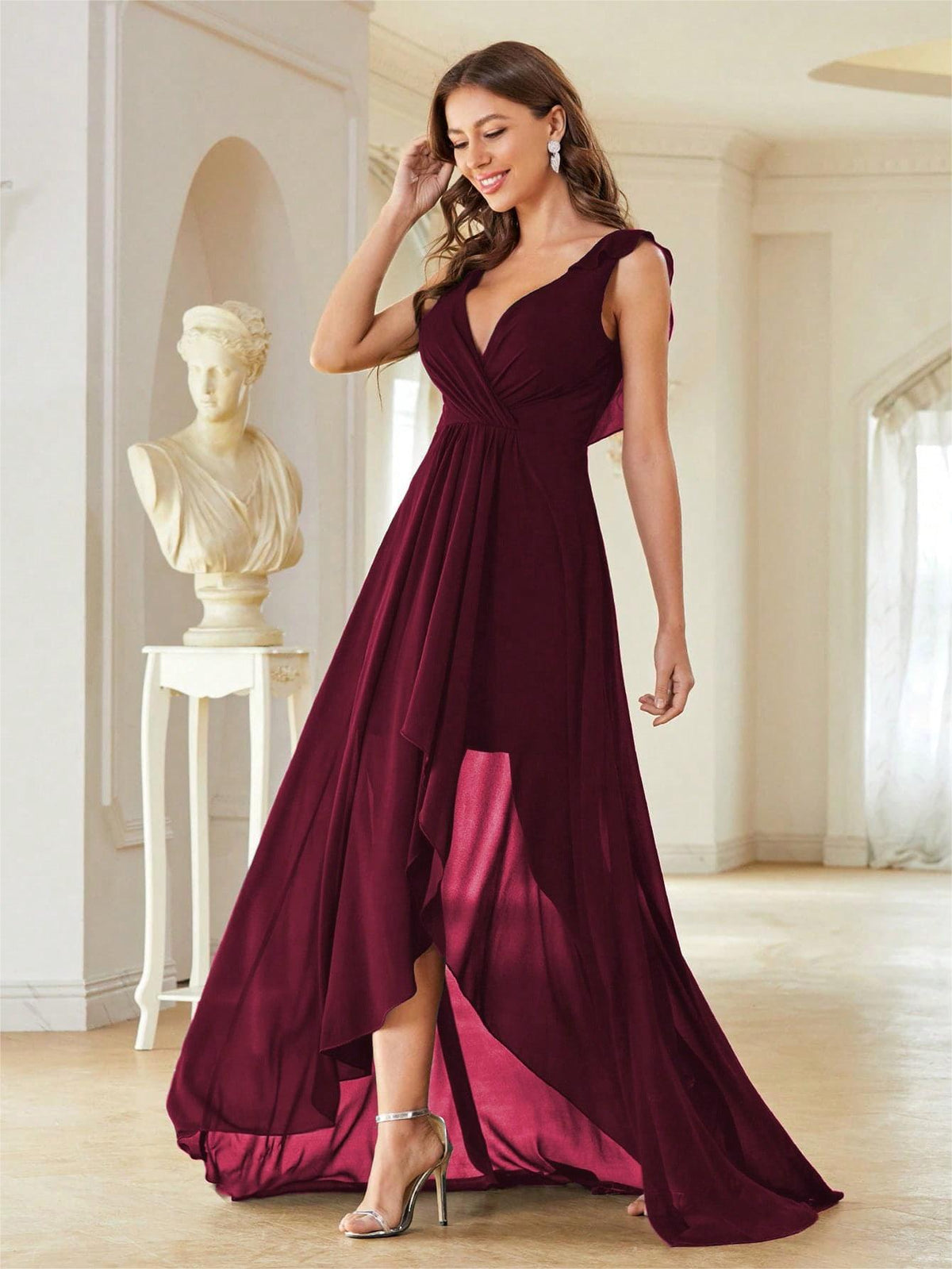 Pleated Backless V neck Chiffon Evening Dress