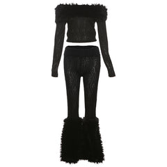 Women off Neck Sexy Fur Collar Long Sleeve T Shirt Pants Set