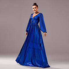 Long Sleeved V Neck Twisted Evening Dress