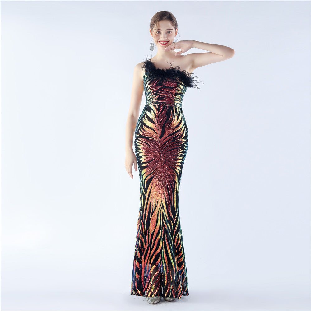 Elegant Floral Sequin Feather One Shoulder Evening Dress