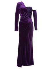 One Shoulder Long Sleeve Purple Sequined Slit Evening Dress