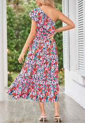 Summer Printed One Shoulder Ruffles Sleeveless Vacation Dress