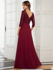 Women Chiffon Double V Neck Sequin Evening Dress