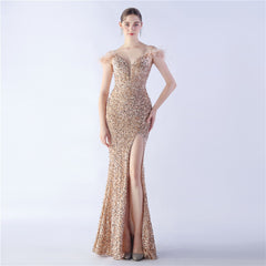 Elegant  Ostrich Feather Sequined Long Evening Dress