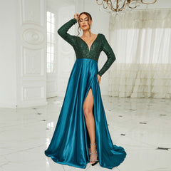 Elegant V-Neck Long Sleeve Sequin Evening Dress