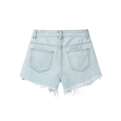 Light Blue Tassel Raw Hem Ripped A line Denim Shorts