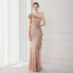 Elegant One Shoulder Sequin Evening Dress