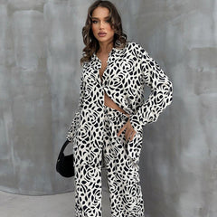 Leopard Print Loose Ice Silk Long Sleeve Pajamas Two Piece Set