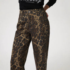 Women Vintage Leopard Print Straight Leg Denim Jeans