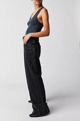 Retro Washed Mid Waist Loose Jeans