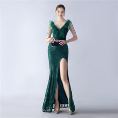 Elegant Feather Beaded Long Sequined Evening Dress