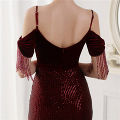 Elegant Velvet Short Sleeve Spaghetti Straps Evening Dress