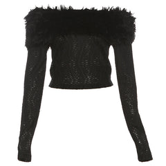 Women off Neck Sexy Fur Collar Long Sleeve T Shirt Pants Set