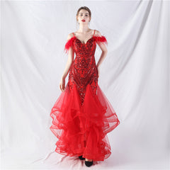 Elegant Ostrich Feather Mesh Floral Sequin Formal Dress