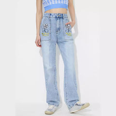 Straight Embroidered Loose High Waist Denim Jeans